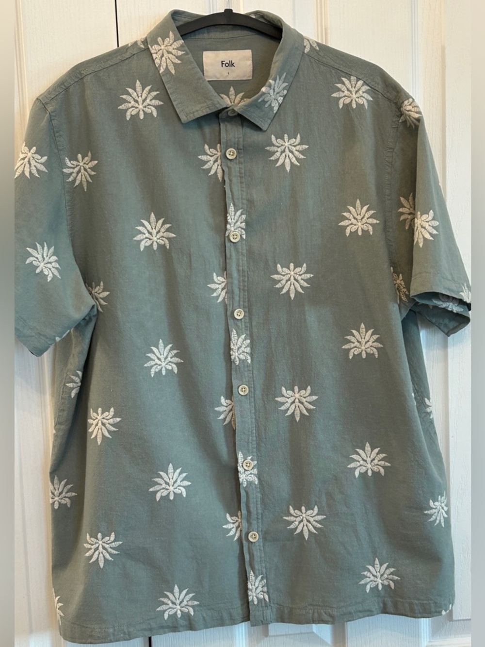 Folk Sage Green Palm Print Linen Blend Shirt L Short Sleeve EUC